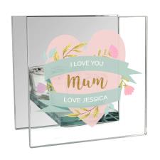 Personalised Floral Heart Mirrored Glass Tea Light Holder